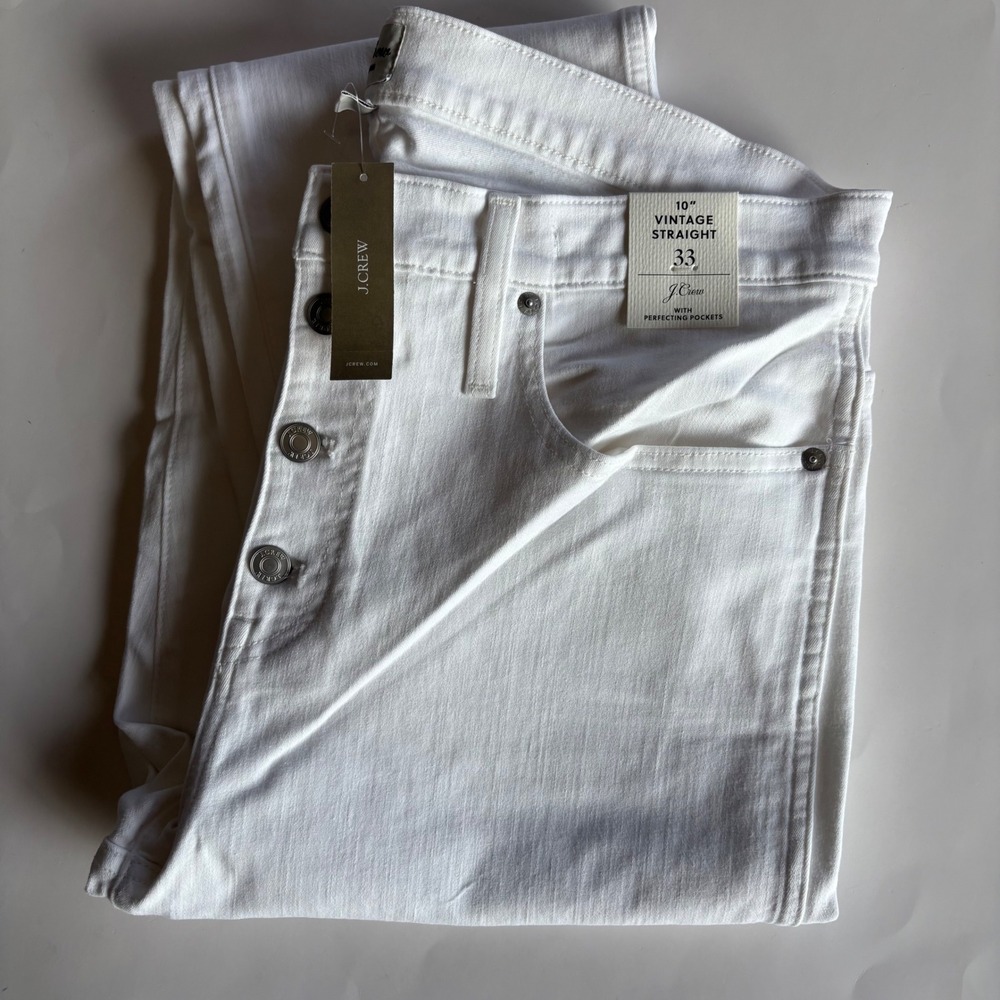 J.Crew 10" Vintage Straight Jeans White Button Fly High Rise Size 33 NEW